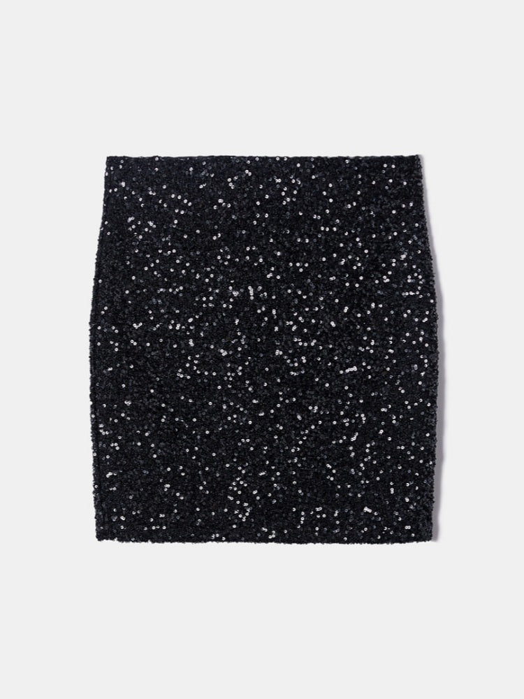 Black Sequin Long Sleeve Knit Top & Mini Skirt