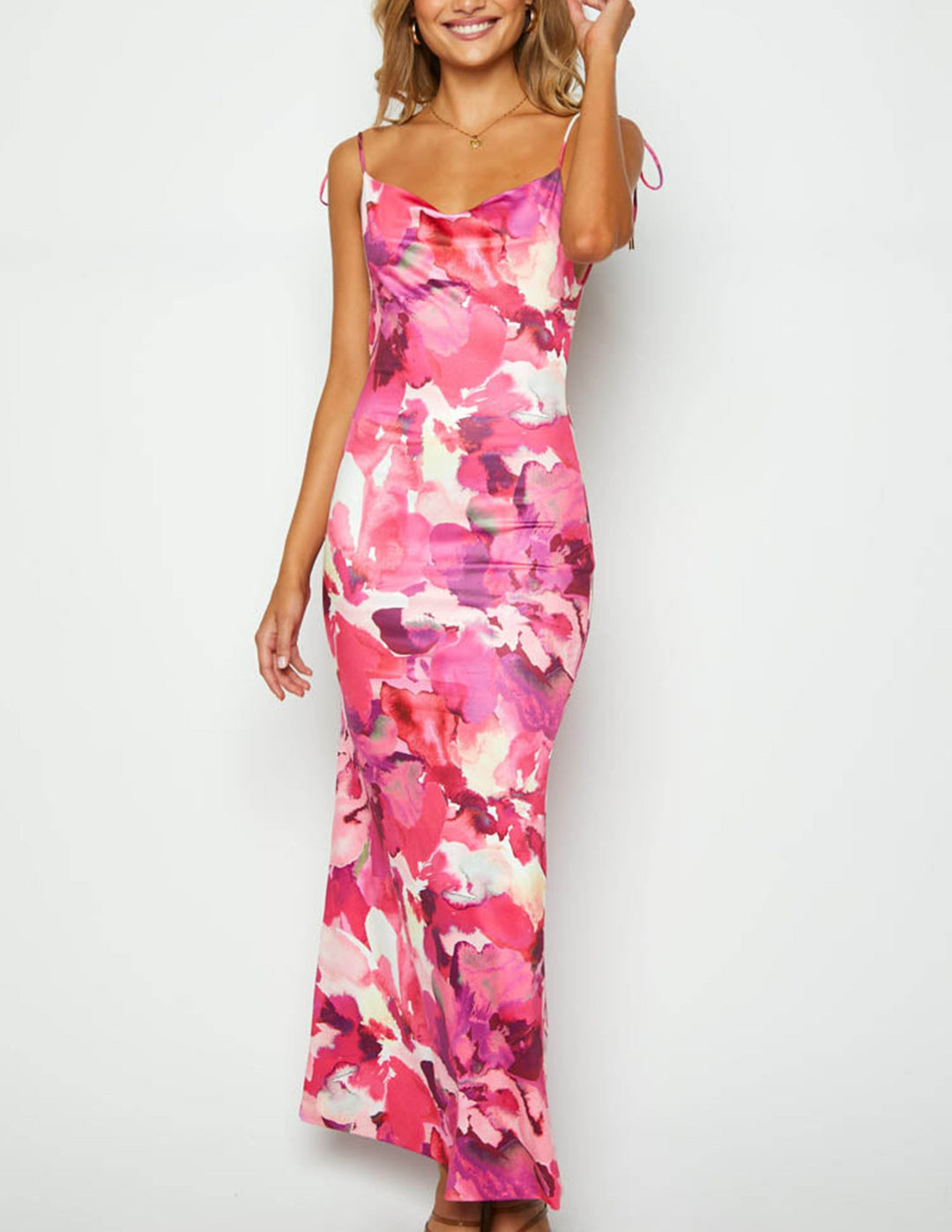 Sleeveless Backless Pink Print Maxi Dress