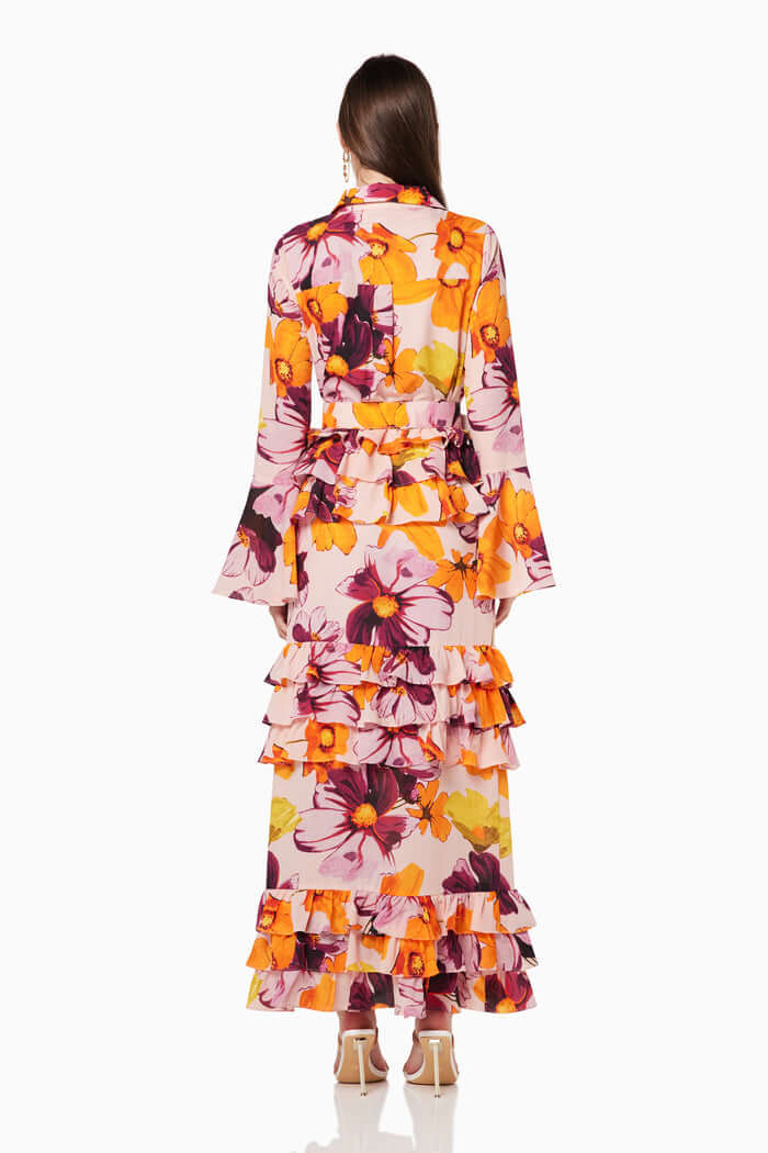 Floral Print Shirt Ruffle Cake Maxi Dress
