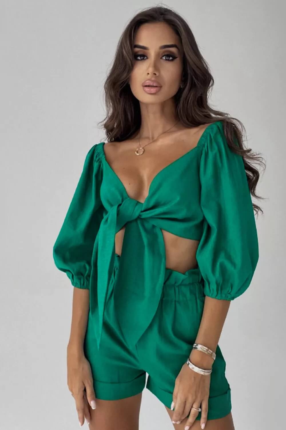 Linen Wrap Front Tie Puff Sleeve Shorts Sets In Green