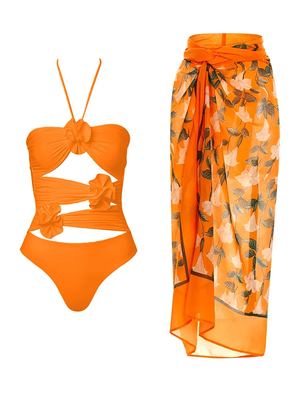 Halter Cutout 3D Flower One Piece Swimsuit and Sarong