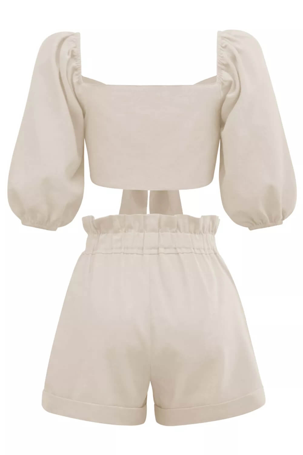Linen Wrap Front Tie Puff Sleeve Shorts Sets In Khaki