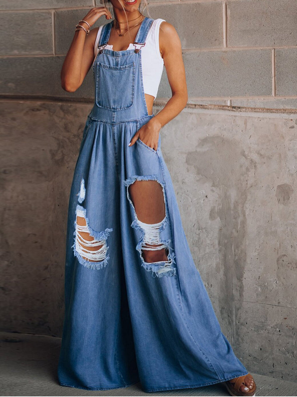Solid Color Casual Loose Ripped Denim Overalls