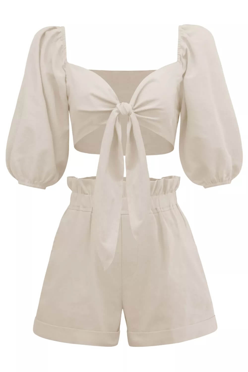 Linen Wrap Front Tie Puff Sleeve Shorts Sets In Khaki