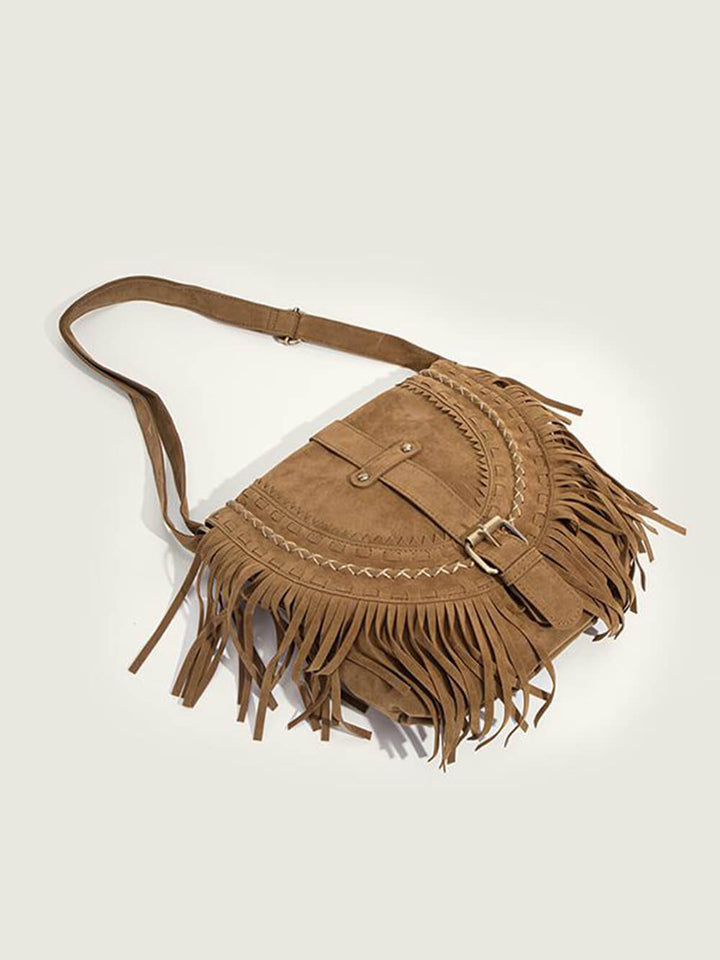 Faux Suede Fringed Buckle Decorated Bag