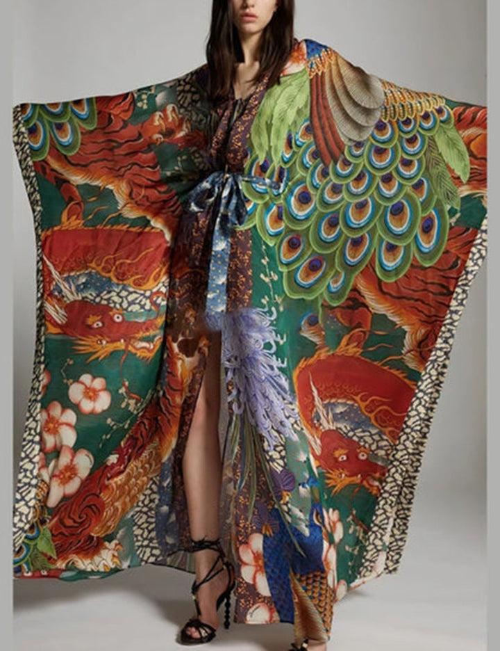 Phoenix Printed With Belt Kimono