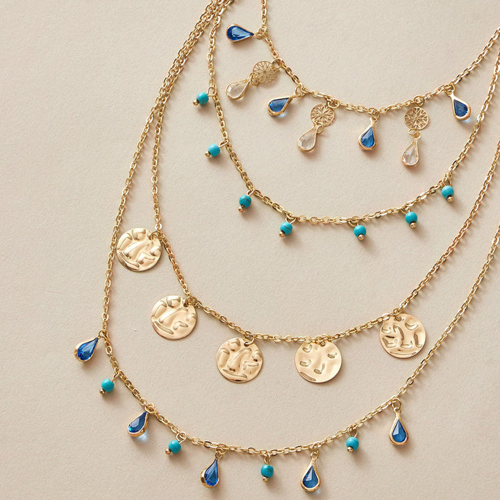 Tassel Boho Necklace - Gold Disc And Blue Jewel Layered Set
