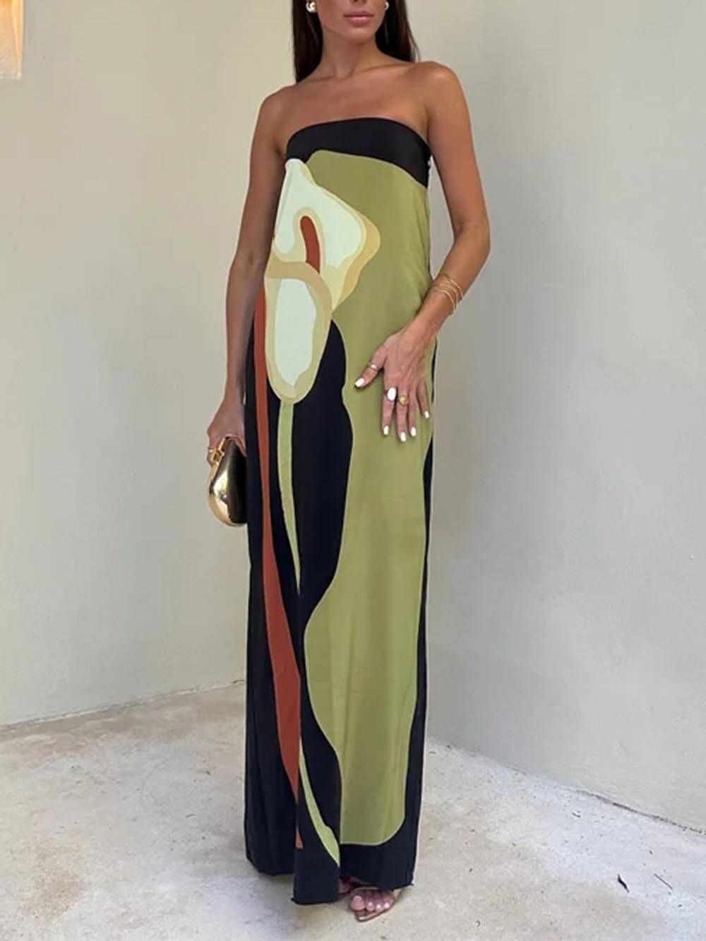 Mode contrasterende mouwloze off-shoulder maxi-jurk met print