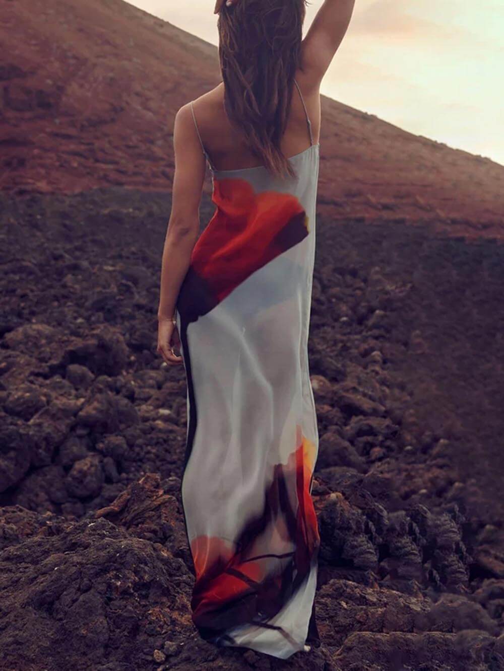 Vacation Abstract Tulip Print Slip H-Line Maxi šaty