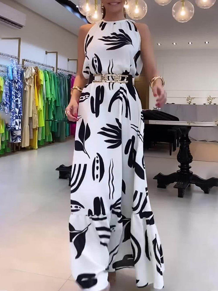 Vestido maxi estampado exclusivo com decote amarrado e coquetéis soltos