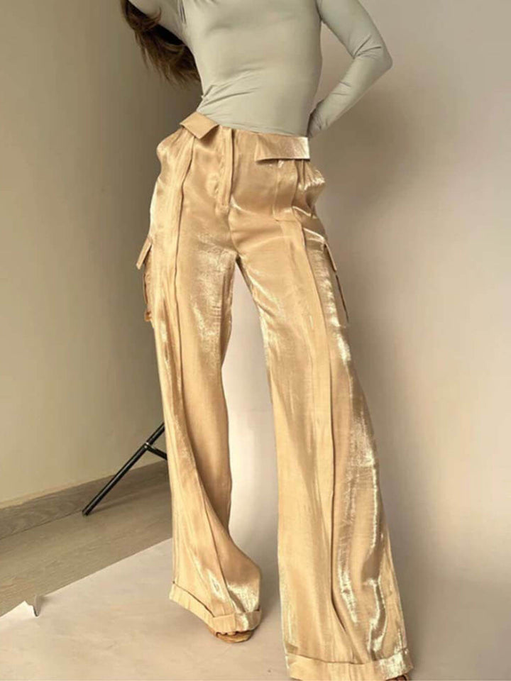 Golden Years Glitter Stoff Snøring Midje Pocket Wide Leg Bukser