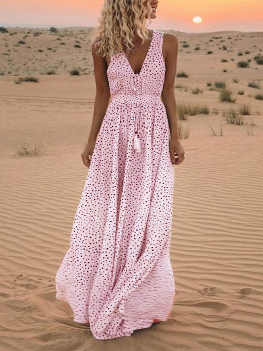 Bohemian V-hals ermeløs polka-dot maxi kjole