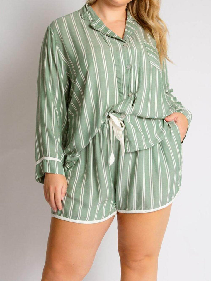 Loose gesträifte Patchwork Long-Sleeved Shorts Pyjamaset