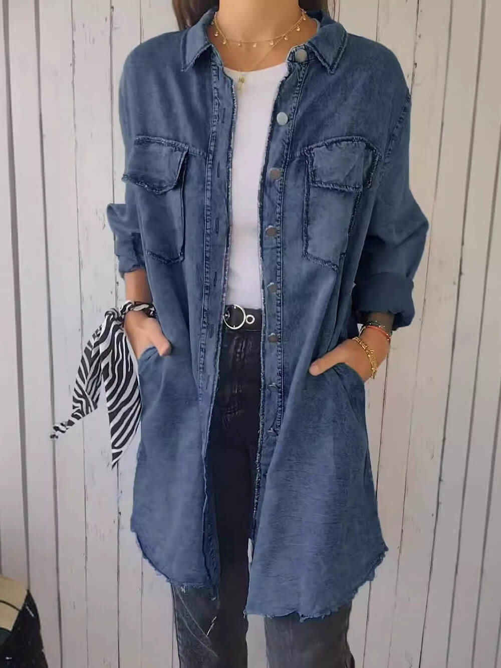 Giacca di jeans con risvolto a maniche lunghe versatile e alla moda