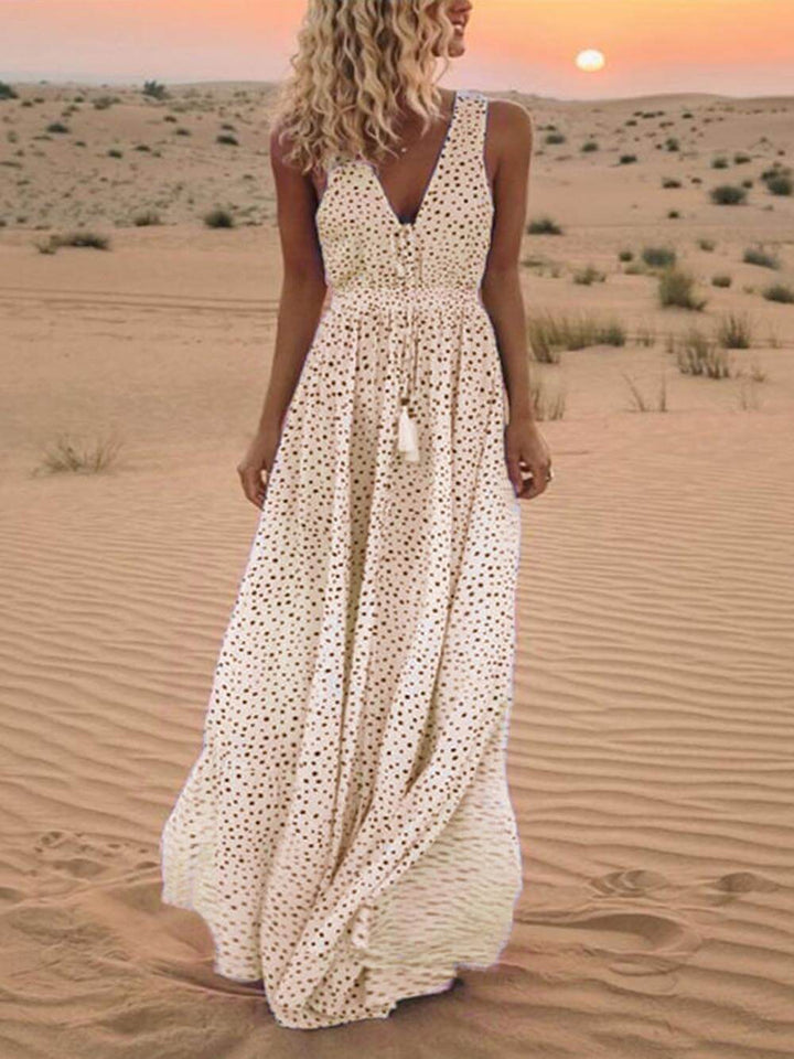 Bohemian V-hals ærmeløs polka-dot maxi kjole