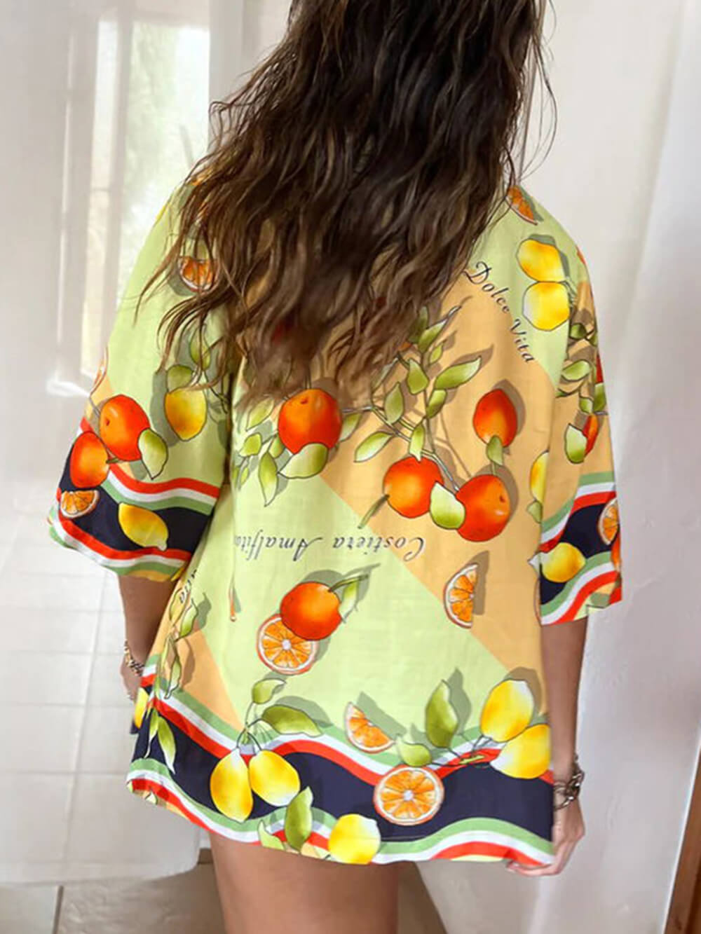 Modern Citron Print Cardigan Single Breasted Lapel Pants Set