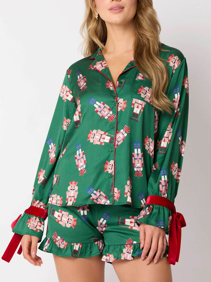 Green Satin Nutcracker Red Bow Pajama Set