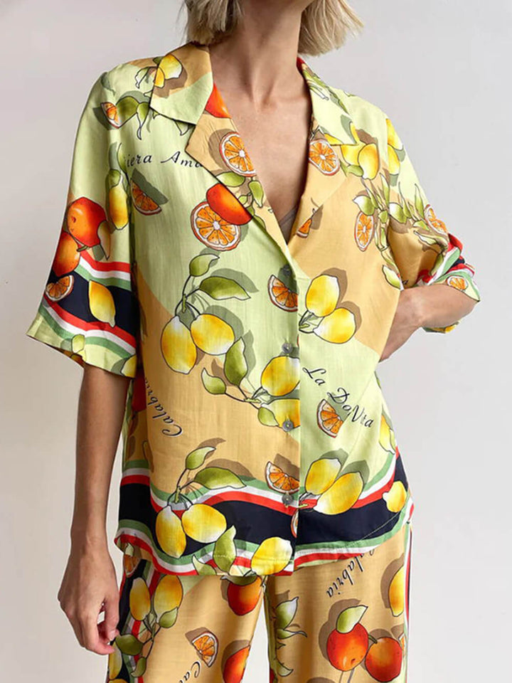 Modern Lemon Print Cardigan Single Breasted Lapel Pants Set