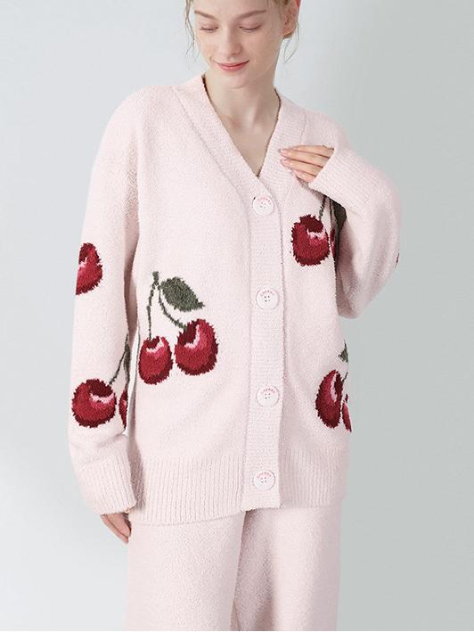 Soft Half Velvet Cherry Cardigan Pajama Set