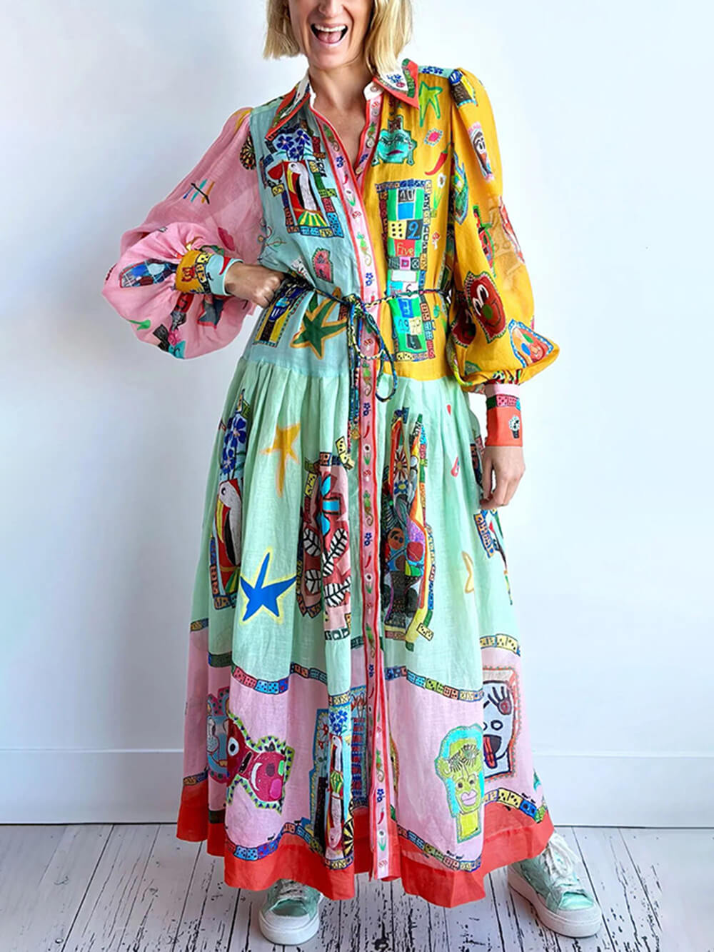 Unique Print Colorblock Balloon Sleeve Belt Shirt Midi Dress