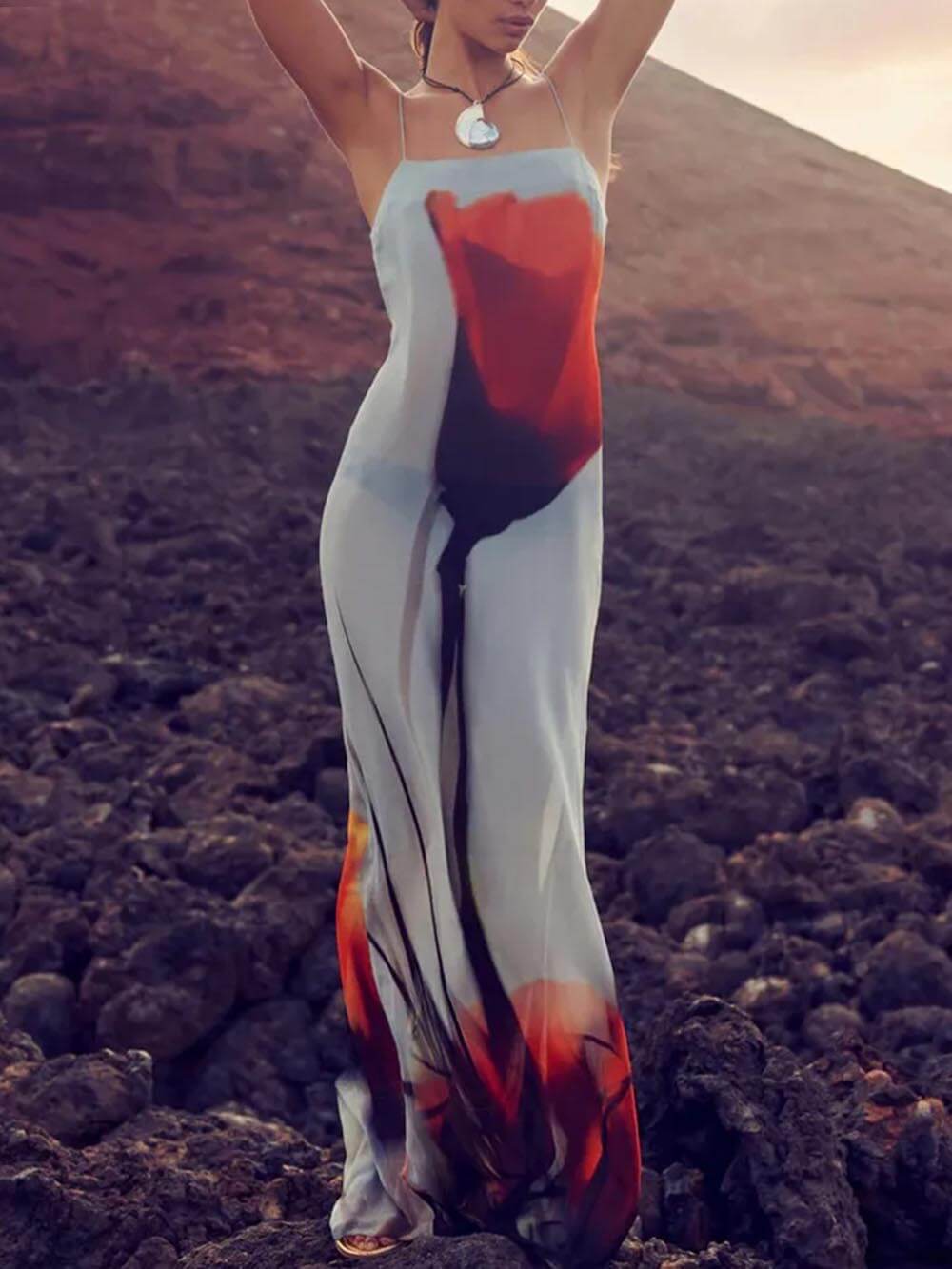 Vestido maxi com estampa de tulipa abstrata de férias e linha H