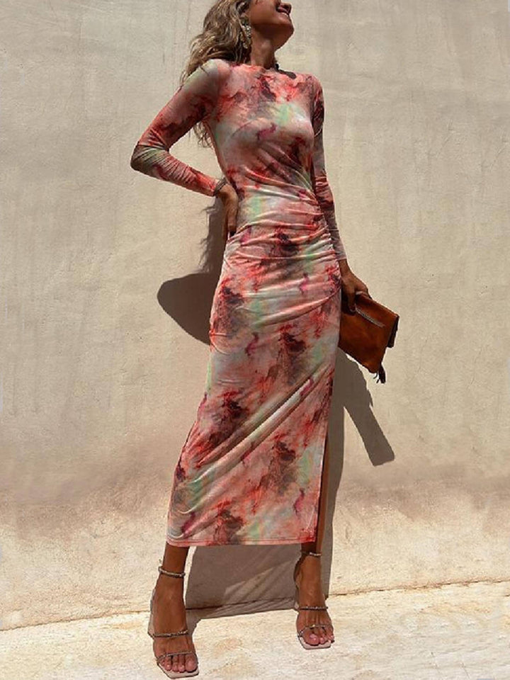 Charm Bayan Örgü Kaplama Batik Baskı Uzun Kollu Dantelli Streç Midi Elbise