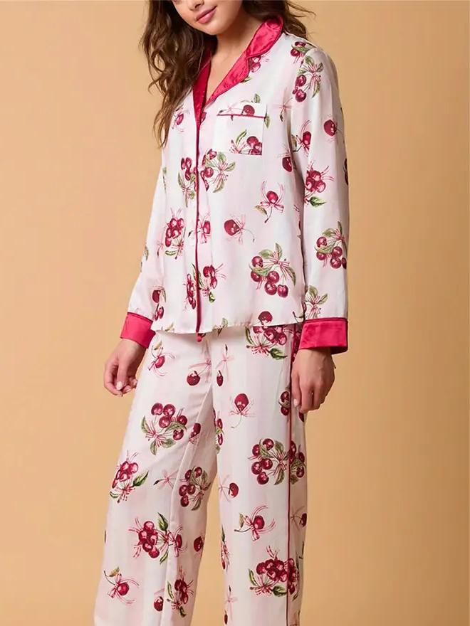 Light pink striped cherry print pajama set