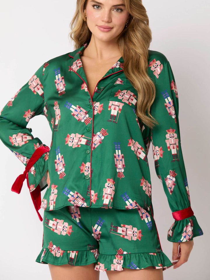 Green Satin Nutcracker Red Bow Pajama Set