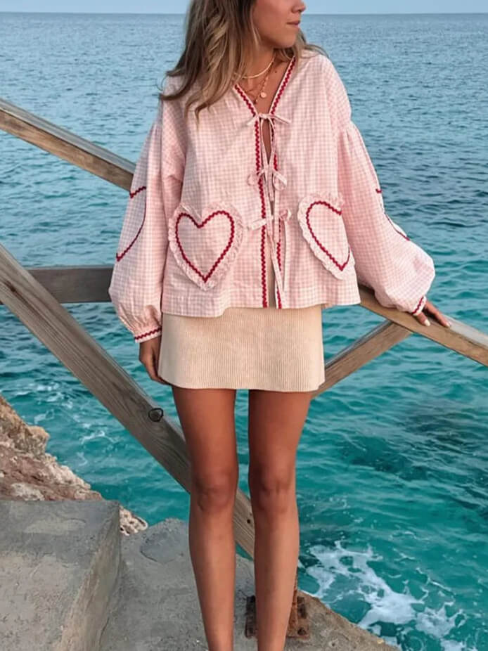 Camicia casual con lacci e nastro d'amore scozzese allentato