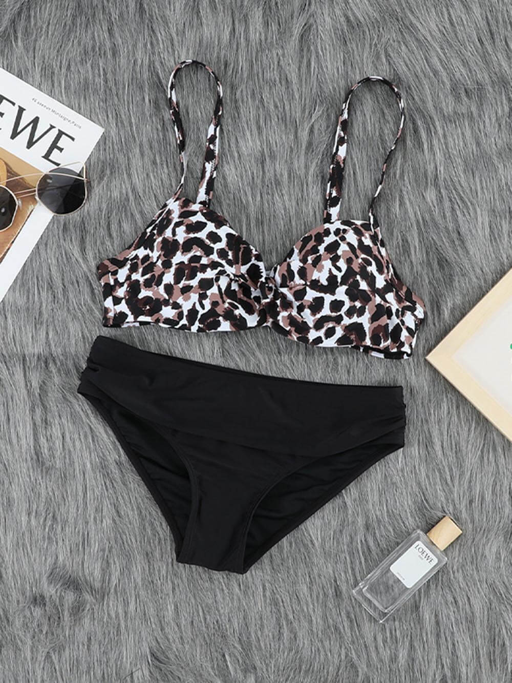 Push Up faarweg gesträifte Leopard Print Bikini Zwee Stéck Set