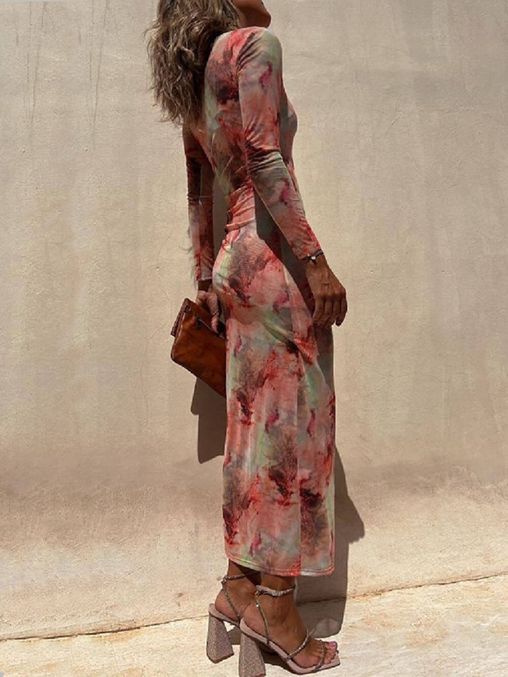 Charm Bayan Örgü Kaplama Batik Baskı Uzun Kollu Dantelli Streç Midi Elbise