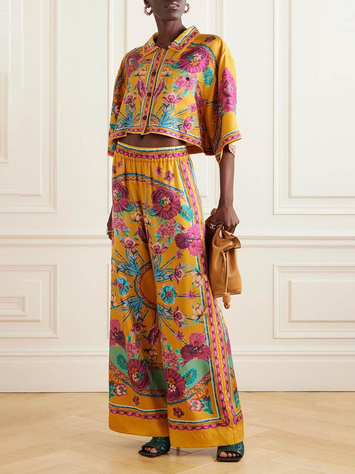 Sunset Cropped Unique Floral Printed Loose Wide-Leg Pants