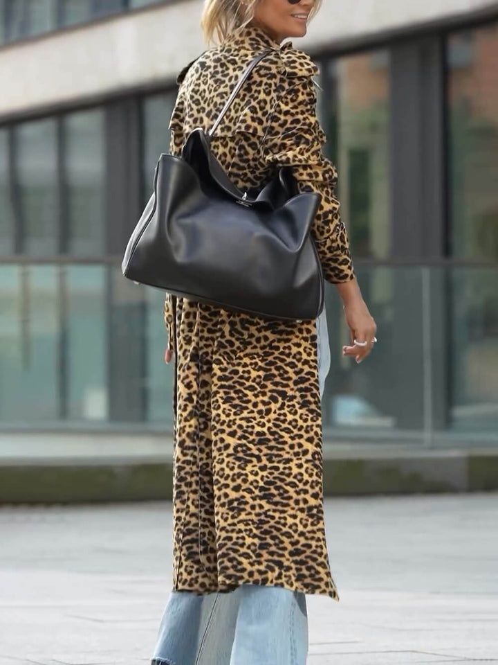 Unique Be Free Leopard Print שרוולים ארוכים Loose Midi Trench Coat