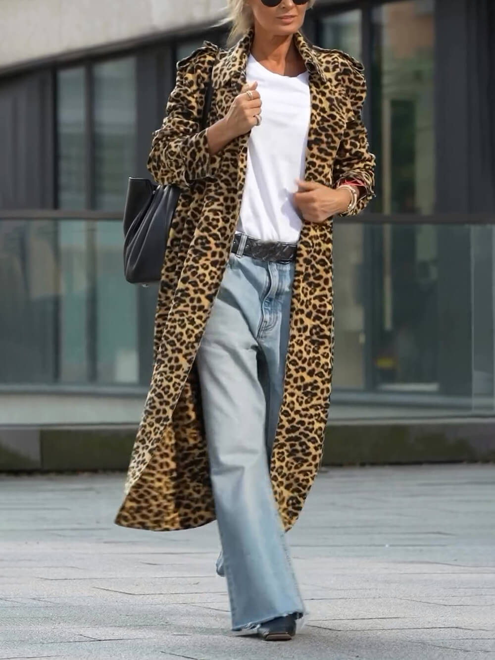 Unik Be Free Leopard Print Langermet Løs Midi Trench Coat