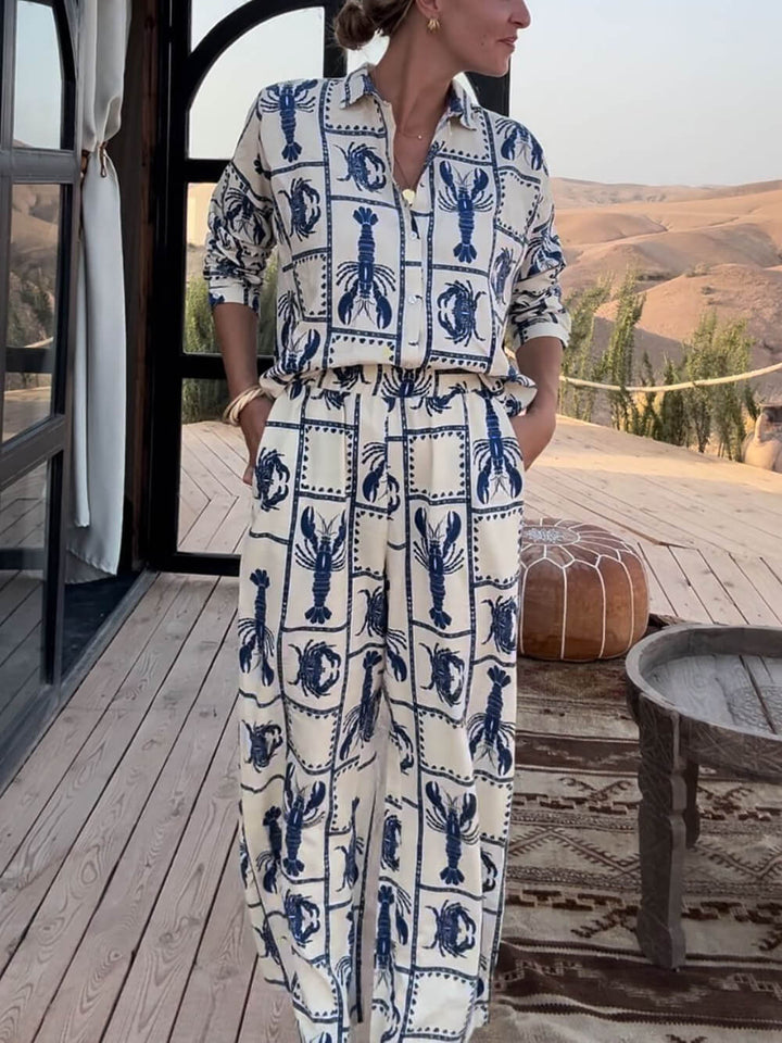 Unique Fun Lobster Pattern Printed Elastic Wide-Leg Pants