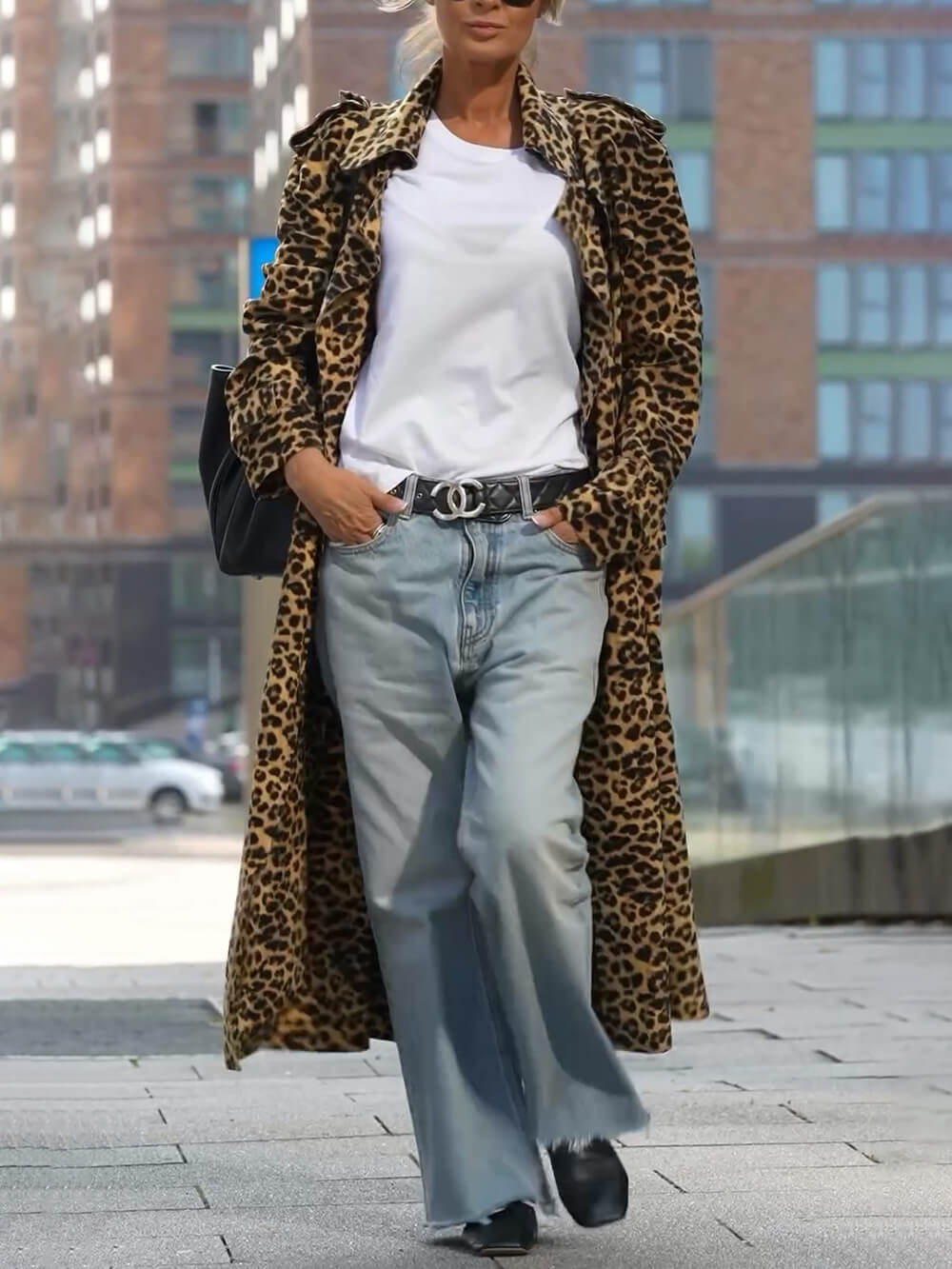 Eenzegaarteg Be Free Leopard Print Long Sleeve Loose Midi Trench Coat