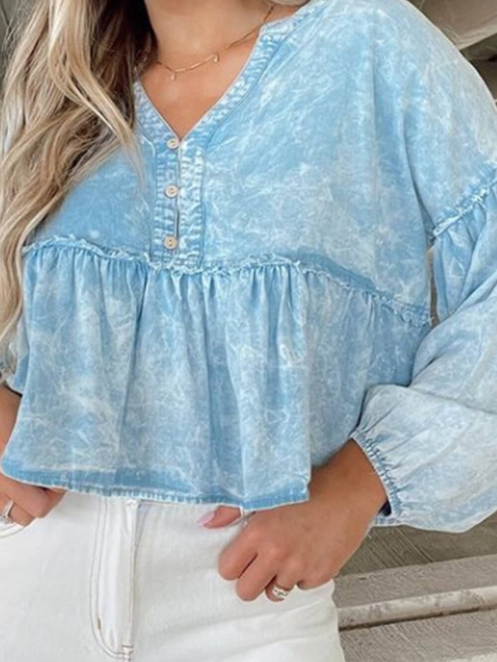 Washed Denim Peplum Baby Doll Top