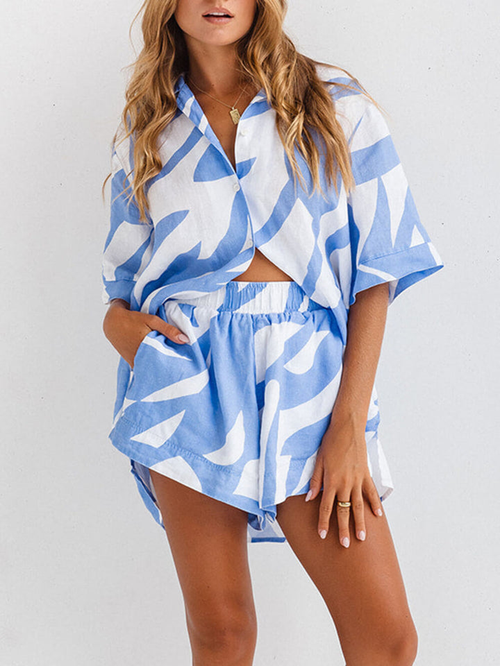 Bol Baskılı Ada Mavi Gömlek Kısa Resort Tarzı Takım Elbise