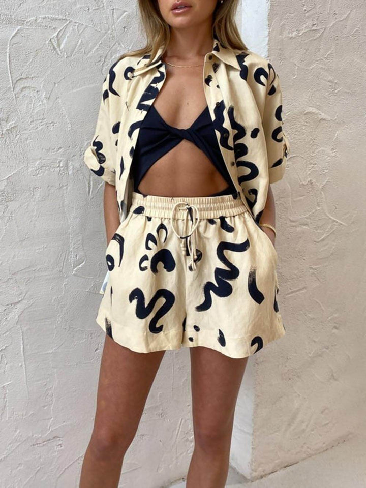 Eenzegaarteg Warm Sonn Print Loose Shirt Shorts Set