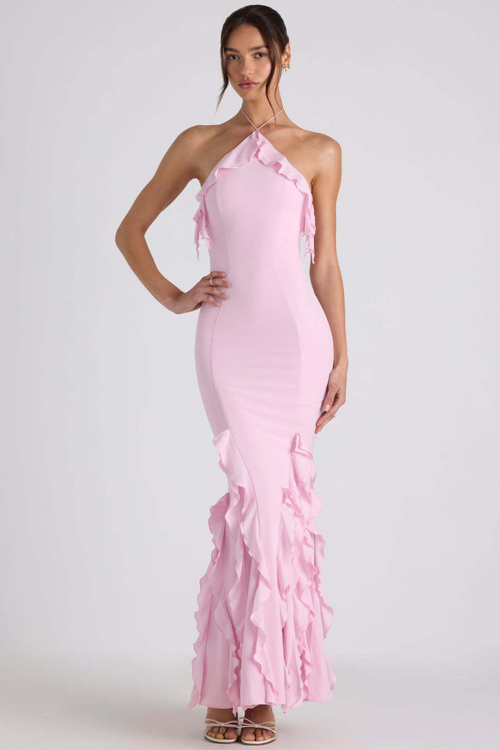 Ruffle-Trim Halterneck Evening Maxi Dress