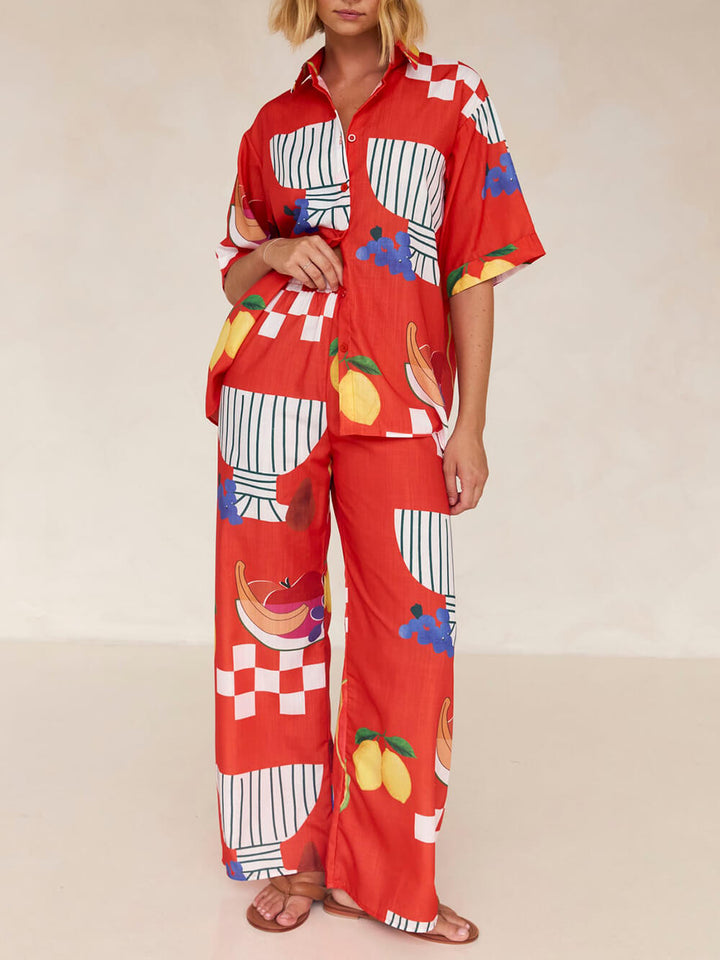 Costum unic cu imprimeu cu fructe de vacanță, cămașă largi, pantaloni largi