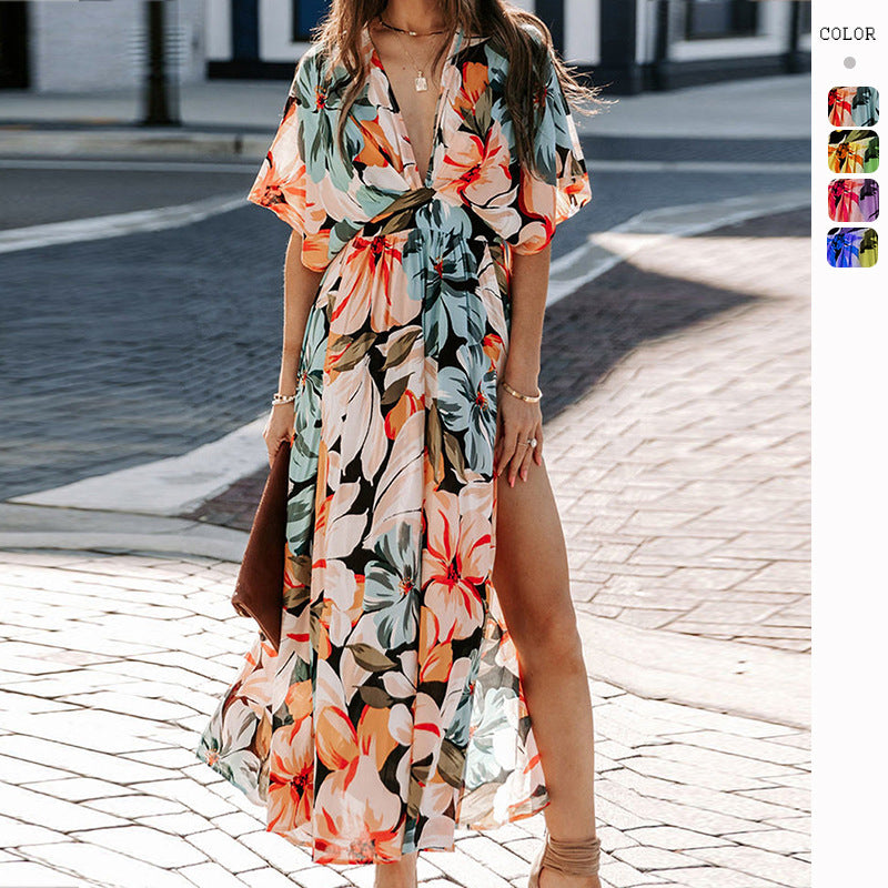 High Split Sexy V-Neck Print Dress