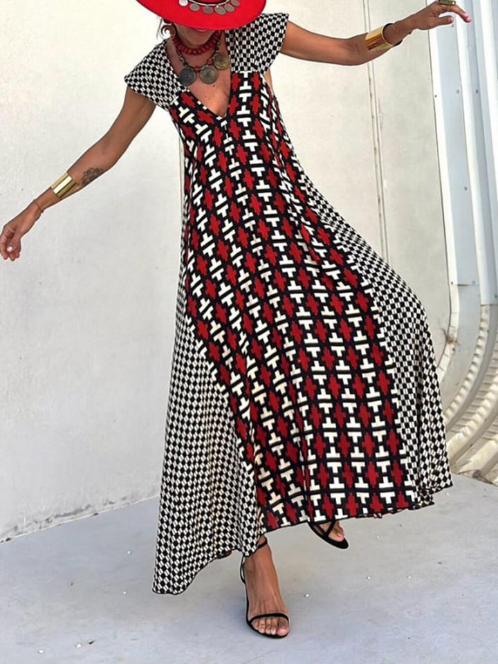 Etnik Benzersiz Baskı Fırfırlı Kol A Kesim Maxi Elbise