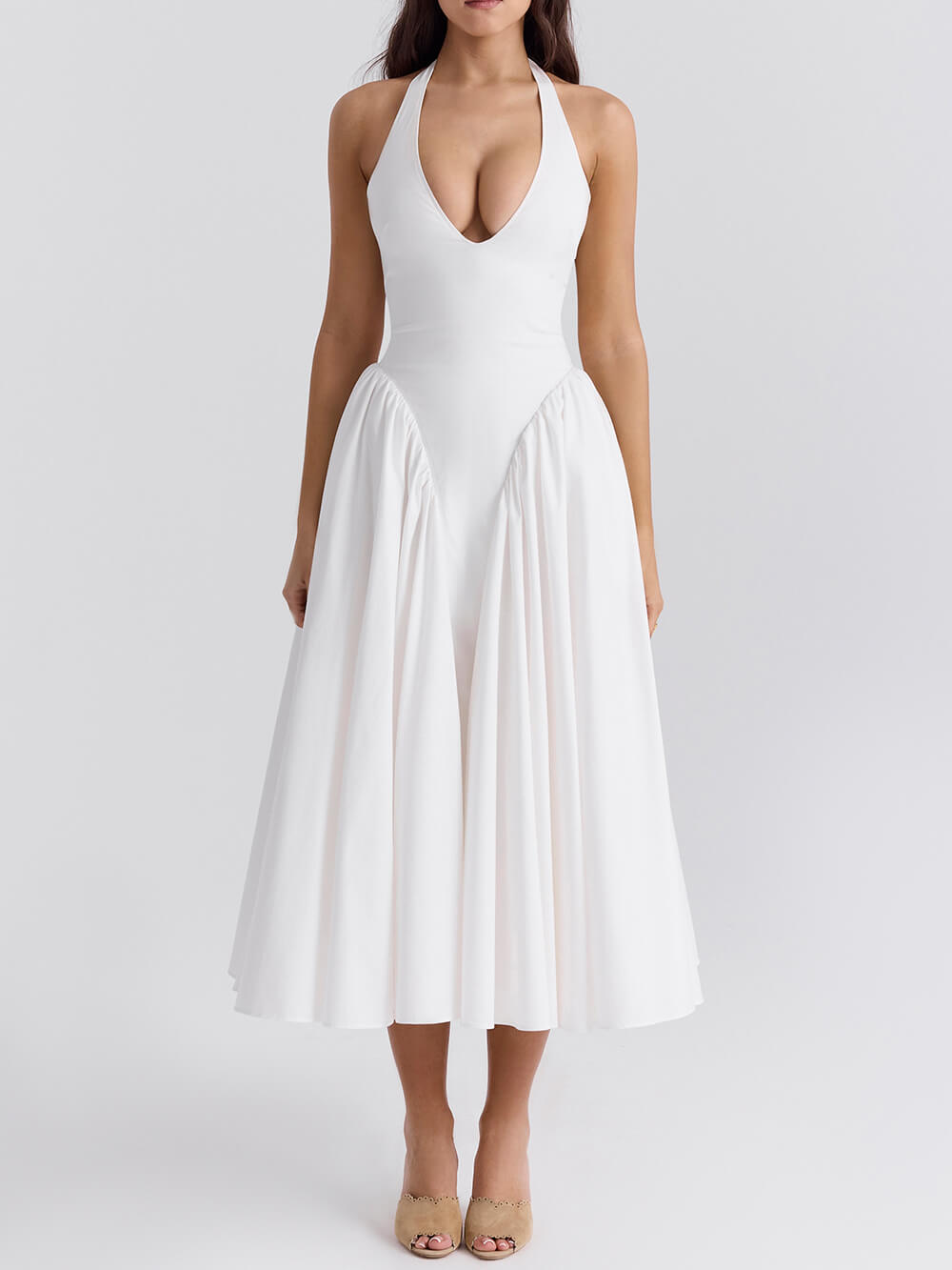 Pleated Stitching Deep V Neck Halter Taille Plain Midi Kleeder