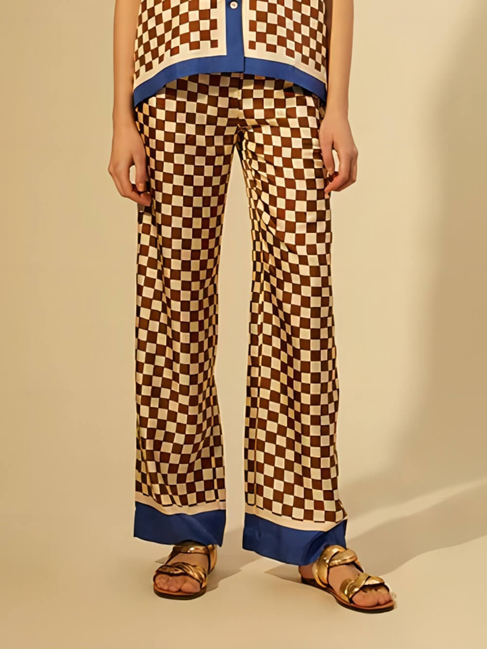 Ensemble pantalon élastique ample à imprimé damier Unique, rayures bleues, épissage