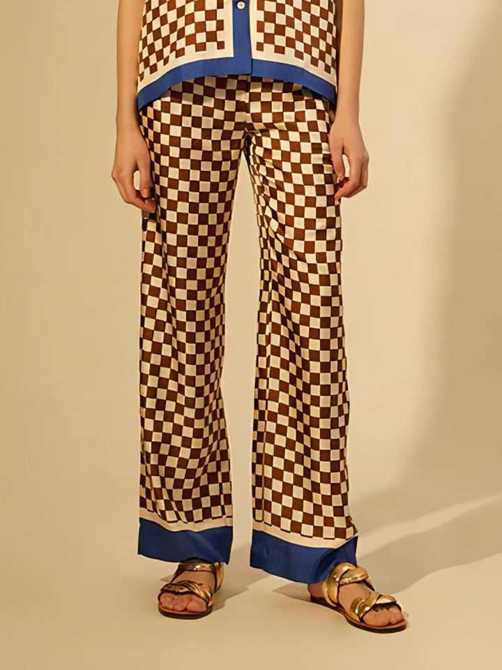 Ensemble pantalon élastique ample à imprimé damier Unique, rayures bleues, épissage
