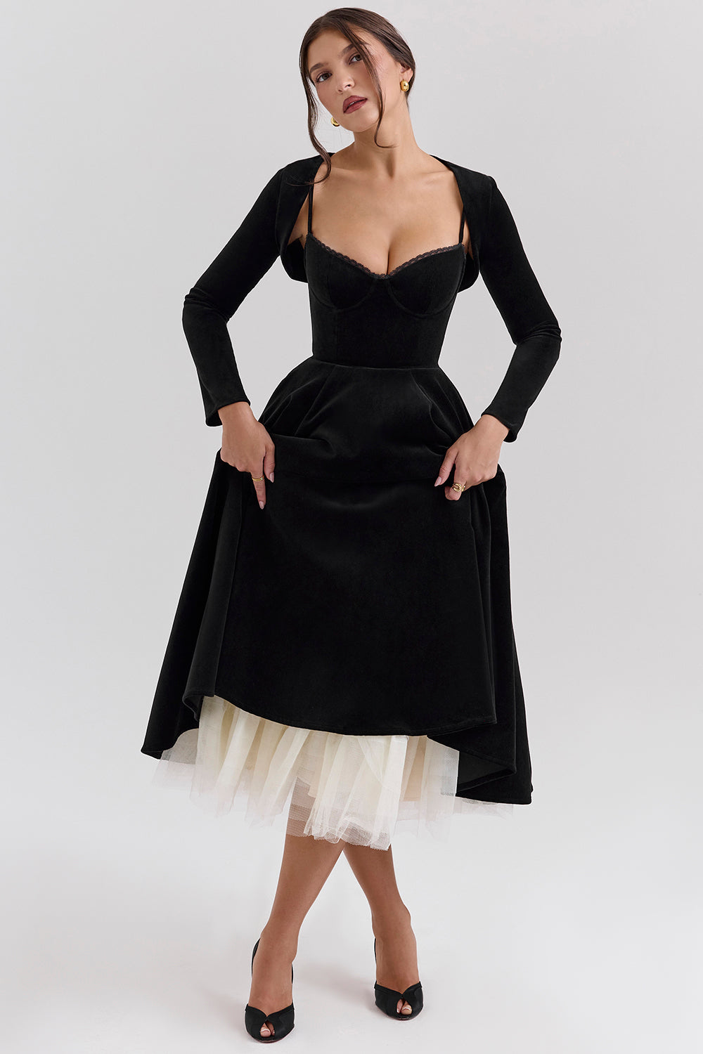 Black Velvet Tulle Midi Dress