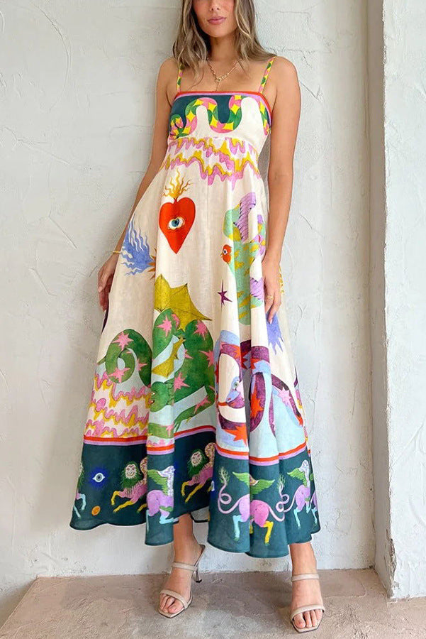 Vestido midi con bolsillos y espalda fruncida con estampado único en mezcla de lino