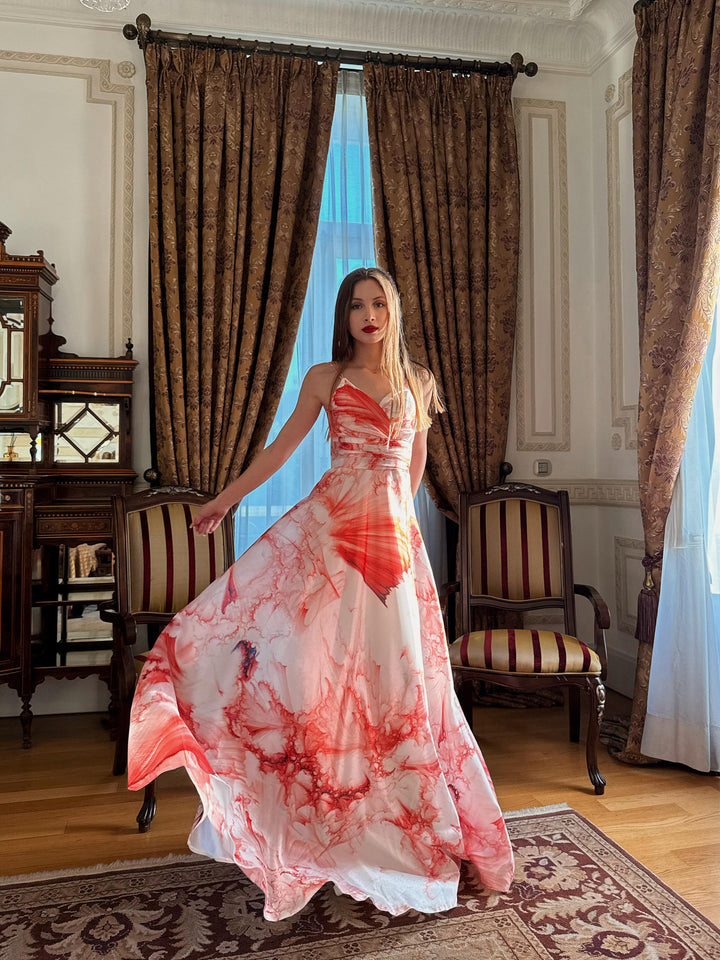 Strappy Floral Patterned Red Long Evening Dress