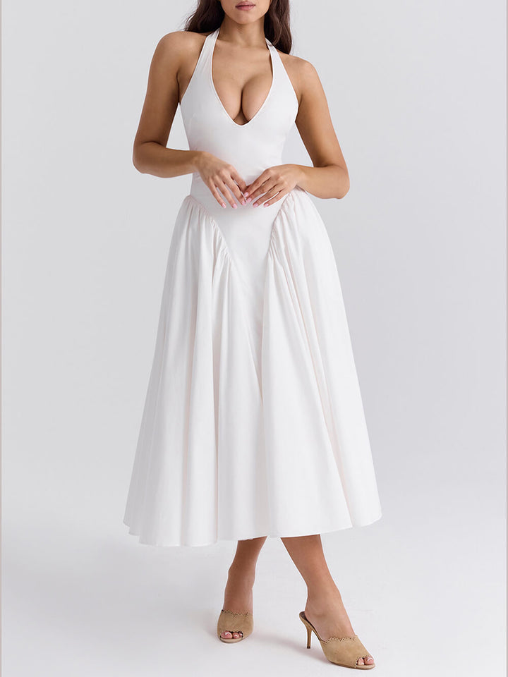 Pleated Stitching Deep V Neck Halter Taille Plain Midi Kleeder